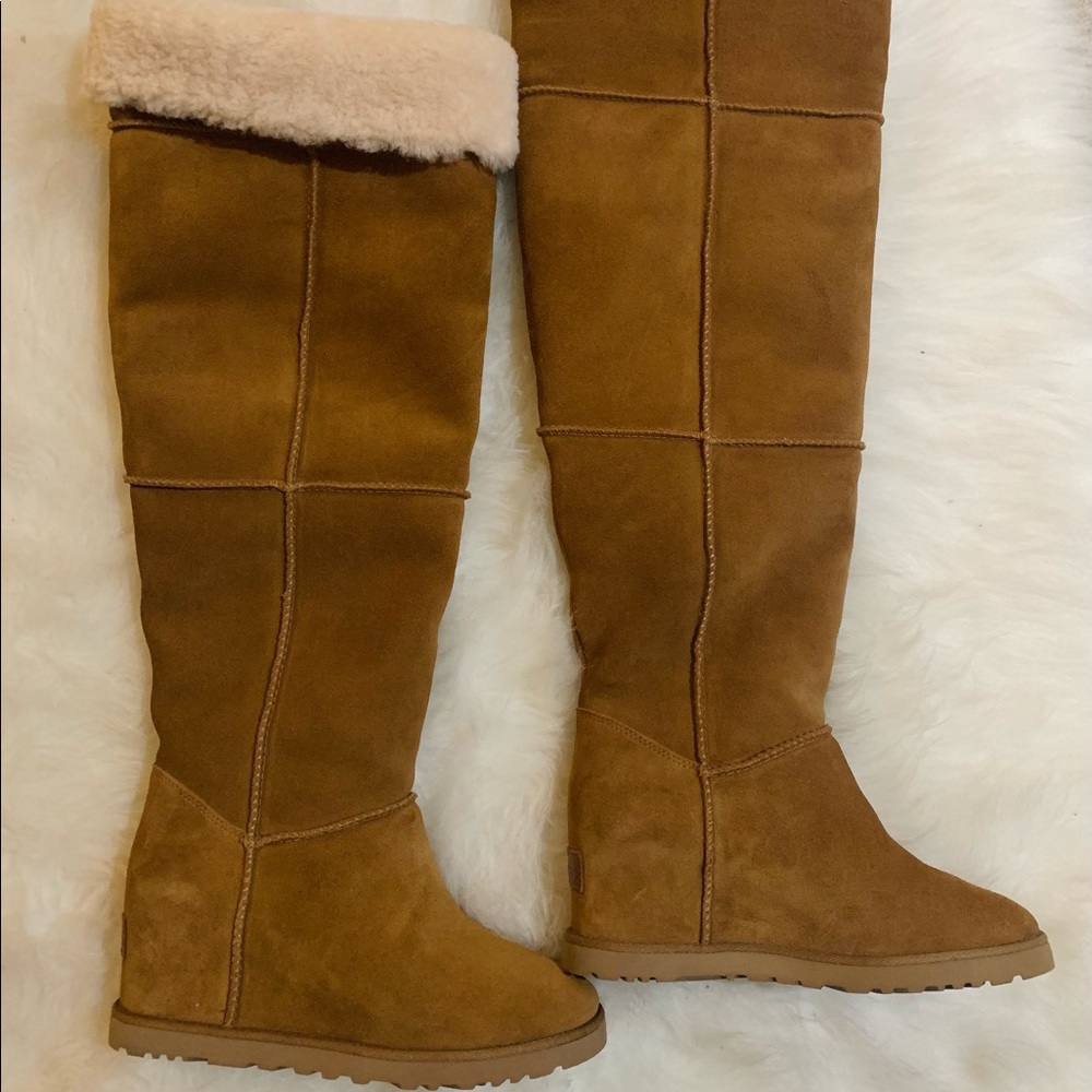 UGG Womens 6.5Femme Over The Knee Chestnut SUEDE Fur Wedge BOOTS.New with tag.